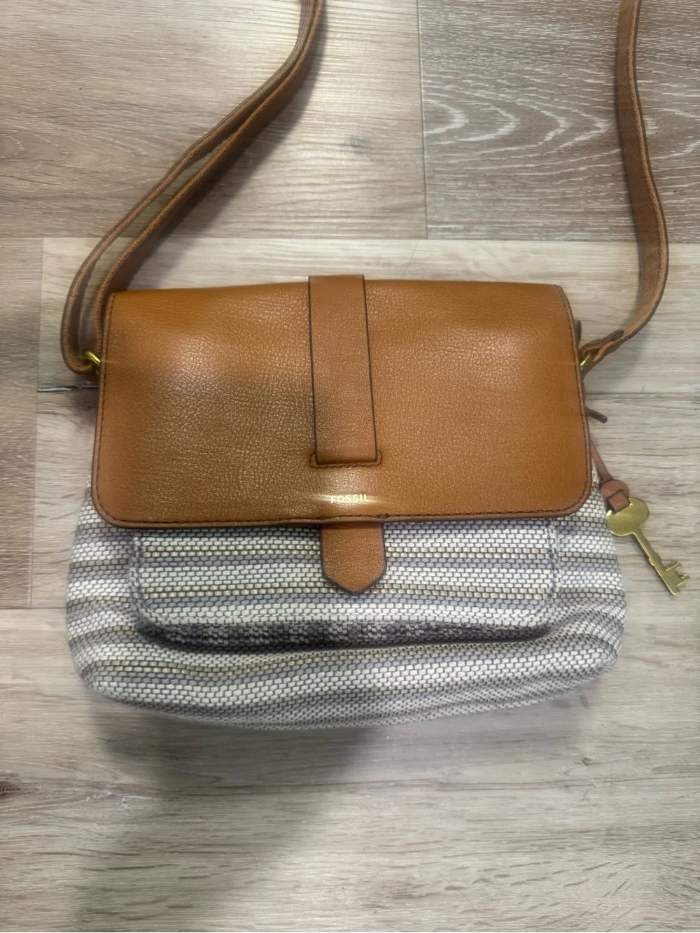 Fossil Brown Leather-Trim Woven Crossbody Bag